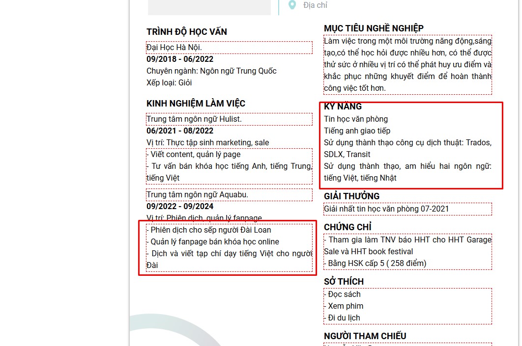 Đan cài kỹ năng vào các trường thông tin khác trong CV